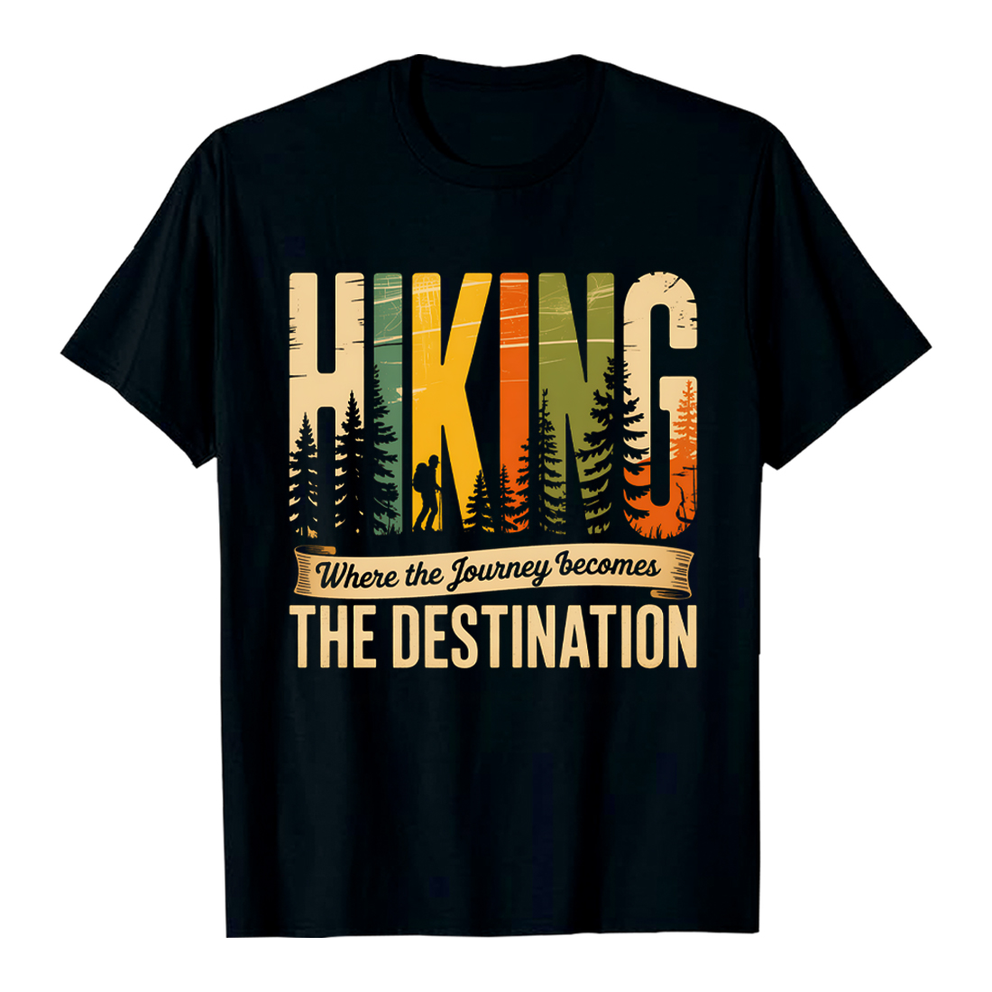THE DESTINATION Retro Hiking Poster: Silhouette Hiker in Majestic Forest, Vintage Color Palette, Inspirational Journey Theme Hiking Camping T shirt PNG File preview image.