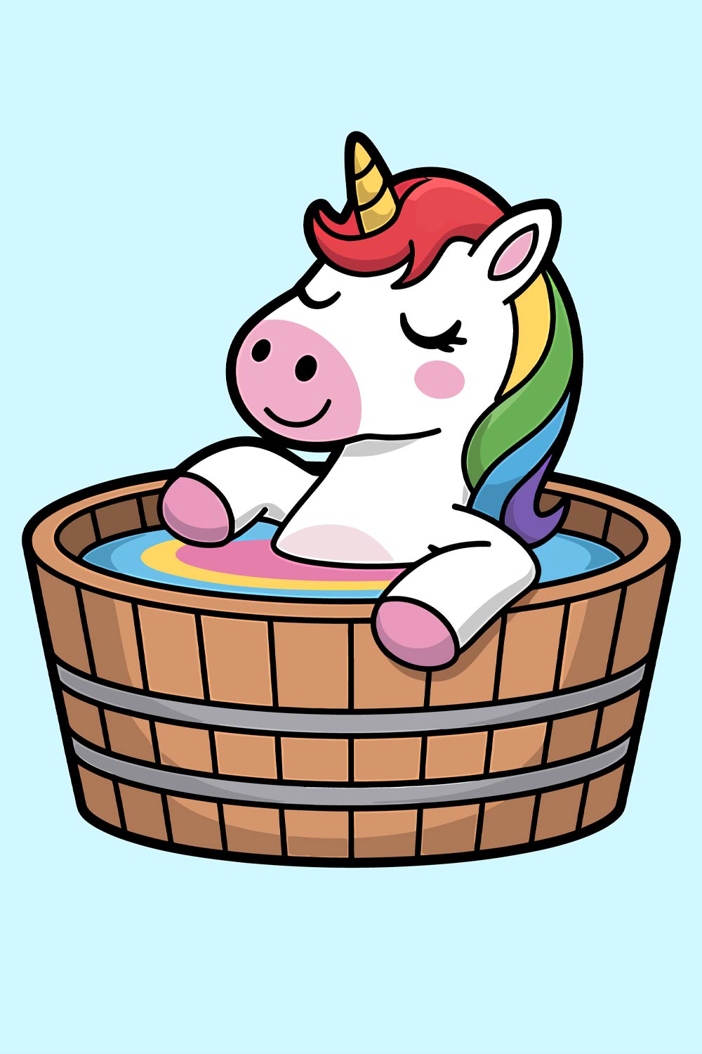 Unicorn Enjoying a Relaxing Bath Cute piggy bank in basket filled with money EPS Vector file pinterest preview image.