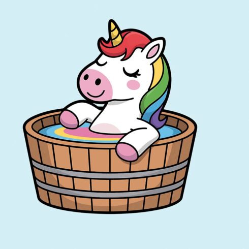 Unicorn Enjoying a Relaxing Bath Cute piggy bank in basket filled with money EPS Vector file cover image.