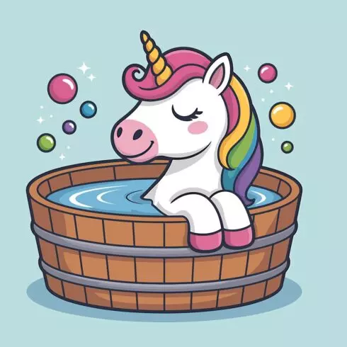 Unicorn enjoying a relaxing bath -Cute cartoon cat in a basket with mouse EPS Vector file cover image.