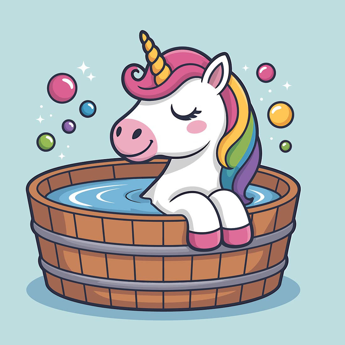 Unicorn enjoying a relaxing bath -Cute cartoon cat in a basket with mouse EPS Vector file cover image.