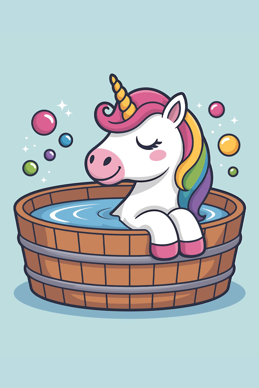 Unicorn enjoying a relaxing bath -Cute cartoon cat in a basket with mouse EPS Vector file pinterest preview image.