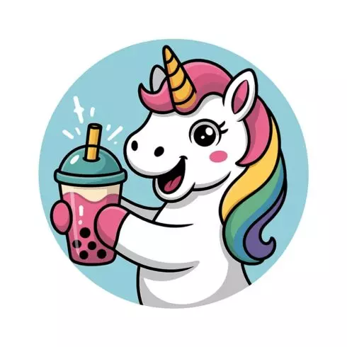 Unicorn Enjoying Boba Tea Cute cartoon cat with candle and cake EPS Vector file cover image.