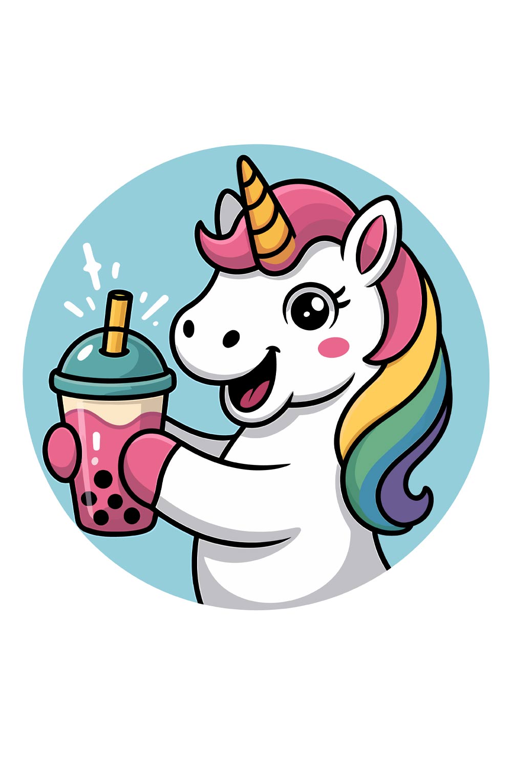 Unicorn Enjoying Boba Tea Cute cartoon cat with candle and cake EPS Vector file pinterest preview image.