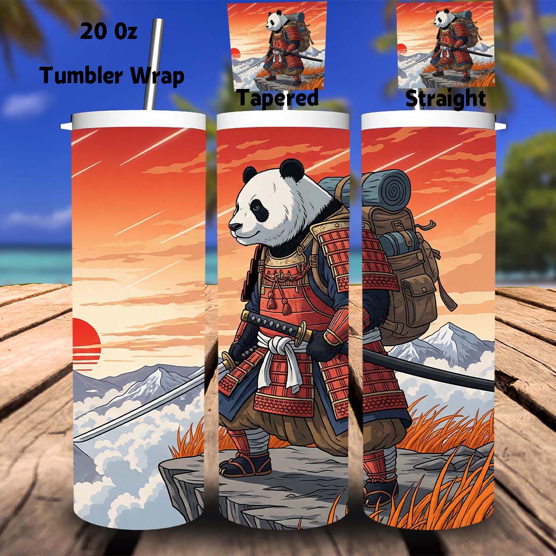 3D Digital Detox Panda samurai Tumbler Wrap –, 20oz Skinny Sublimation Design cover image.