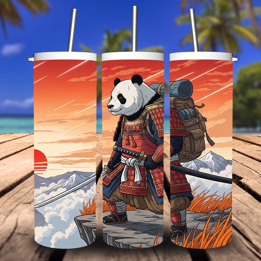 3D Digital Detox Panda samurai Tumbler Wrap –, 20oz Skinny Sublimation Design preview image.