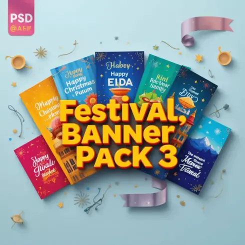 Festival Banner Pack 3 – Editable PSD & AI Templates for Social Media & Print cover image.