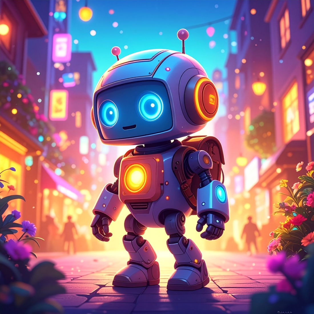 Adorably Clumsy Cartoon Robot with Big Shiny Eyes and a Gentle Smile preview image.