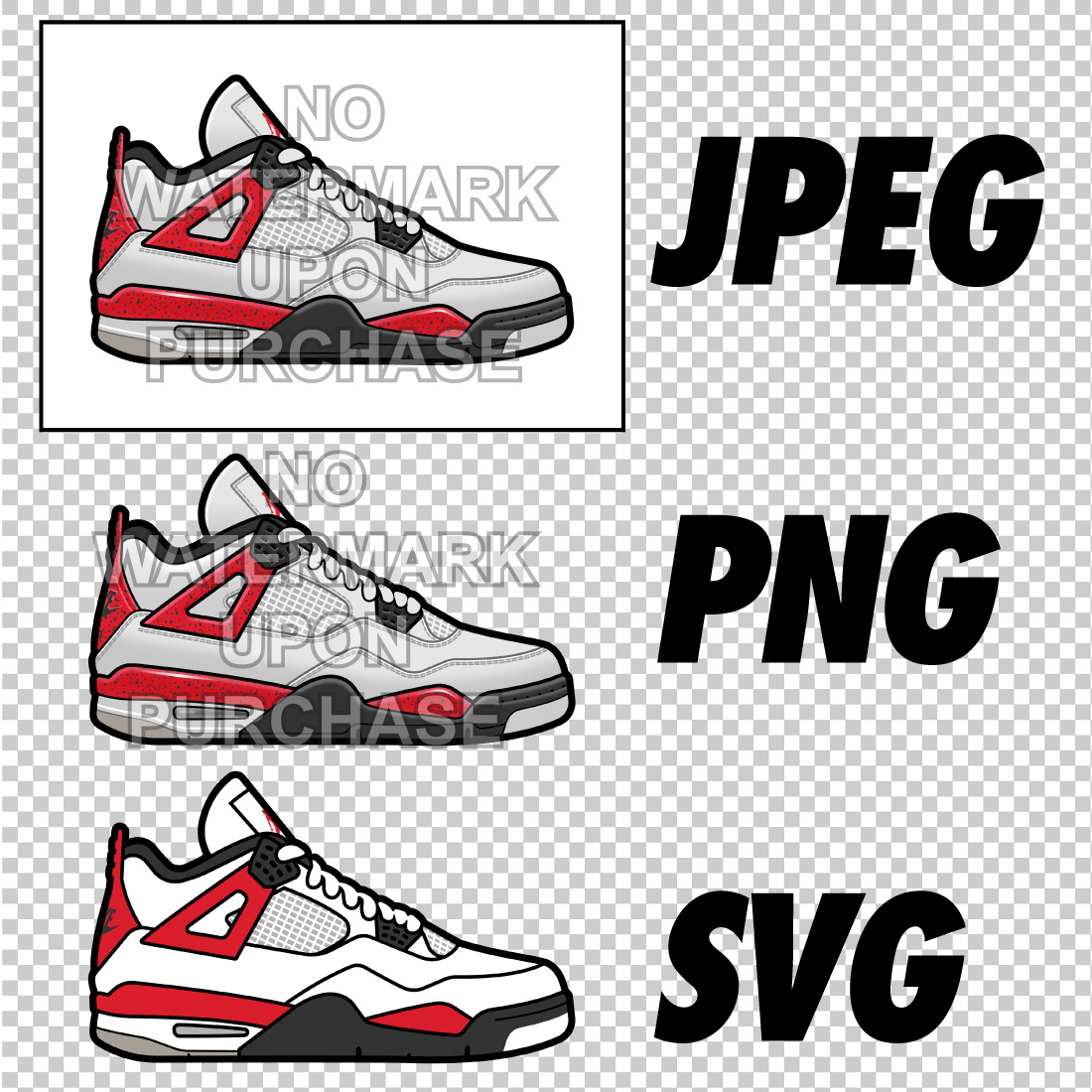 Side View Pack Air Jordan 4 Red Cement JPEG PNG SVG digital sneaker art preview image.