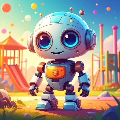 Adorably Clumsy Cartoon Robot with Big Shiny Eyes and a Gentle Smile cover image.