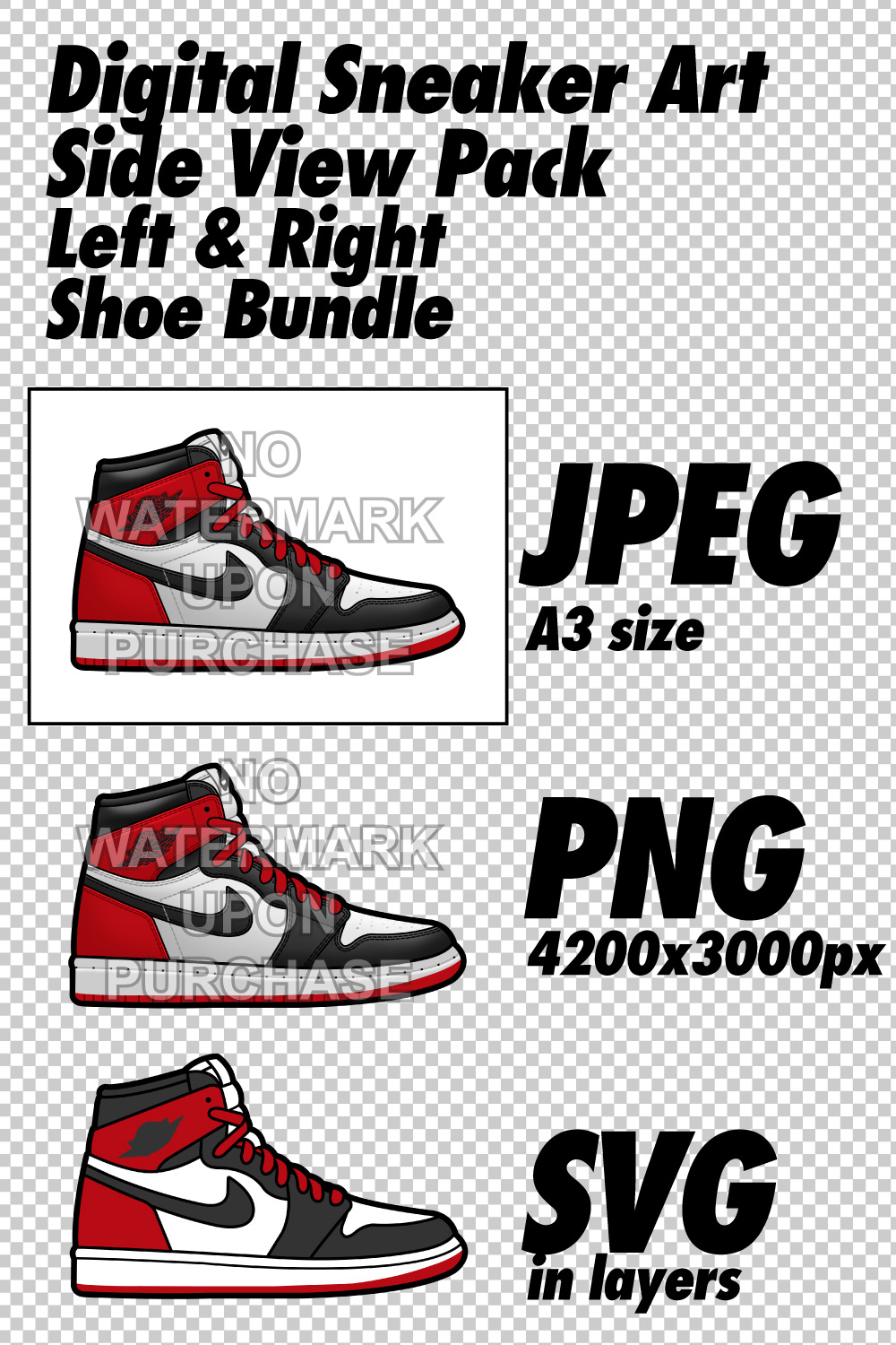 Side View Pack Air Jordan 1 Black Toe JPEG PNG SVG digital sneaker art pinterest preview image.