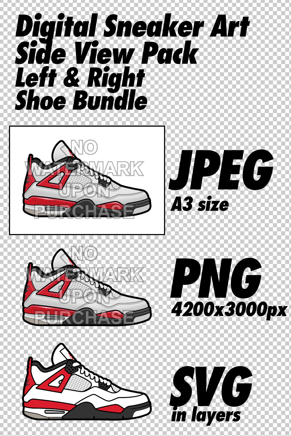 Side View Pack Air Jordan 4 Red Cement JPEG PNG SVG digital sneaker art pinterest preview image.
