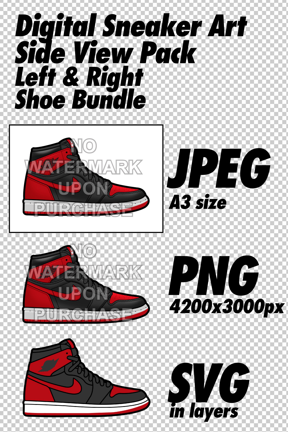 Side View Pack Air Jordan 1 Banned JPEG PNG SVG digital sneaker art pinterest preview image.