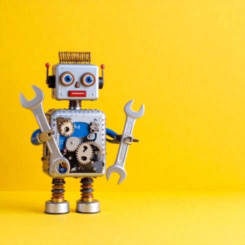 Creative Robot Toy Design with Metal Funnel, Cogs, and Gears – Silver Metallic Style cover image.