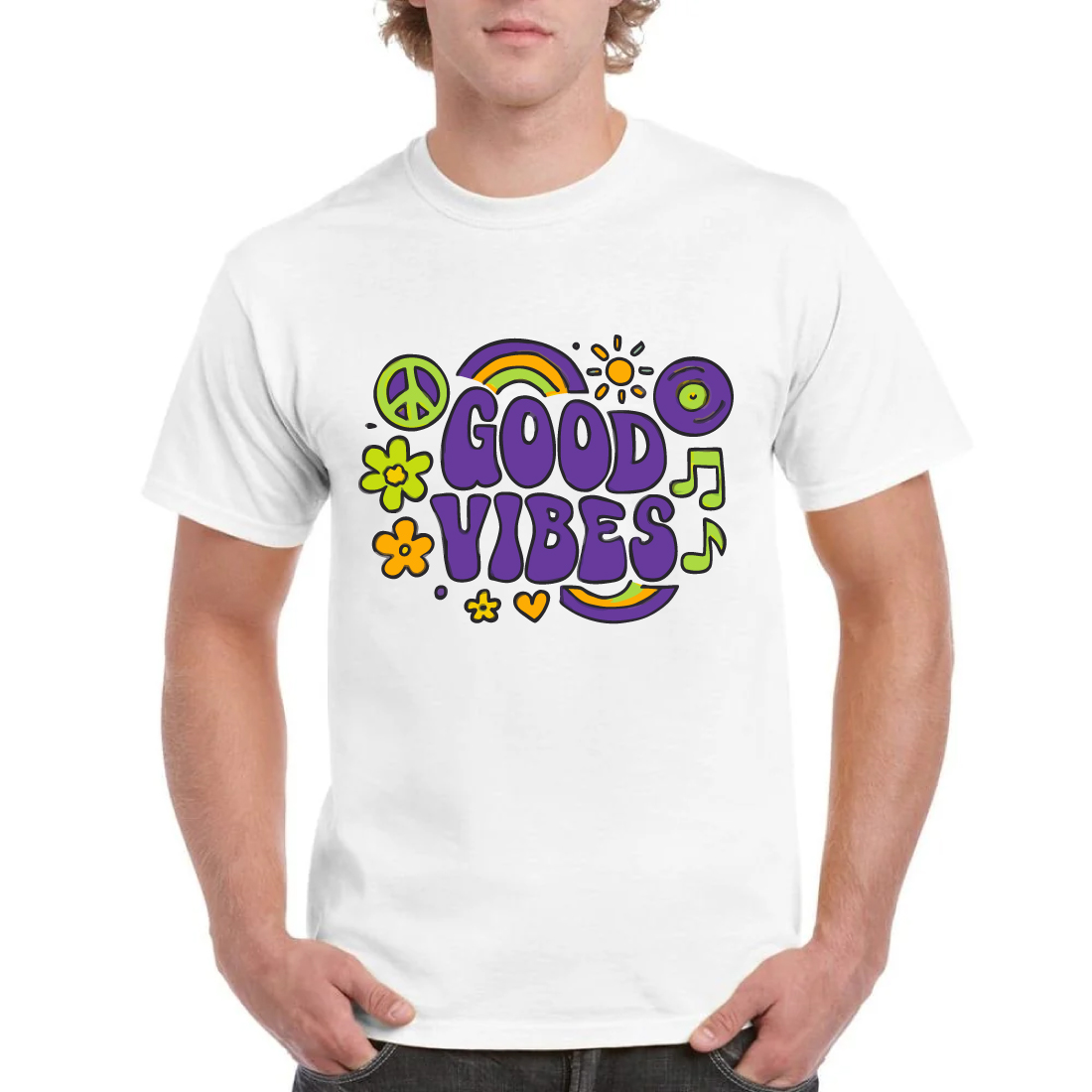 Good Vibes T-Shirt Hippie Peace Rainbow Flower Tee cover image.