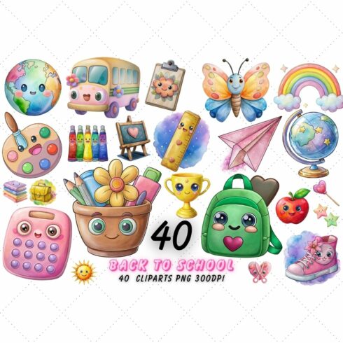 Back to School Clipart Bundle – 100 Days Of School, Kawaii School, Kawaii School Design, Kawaii School Watercolor, Kawaii School Vector, Kawaii School Wall Art, Wall Art, Kawaii School Art, Kawaii School Watercolor Clipart cover image.