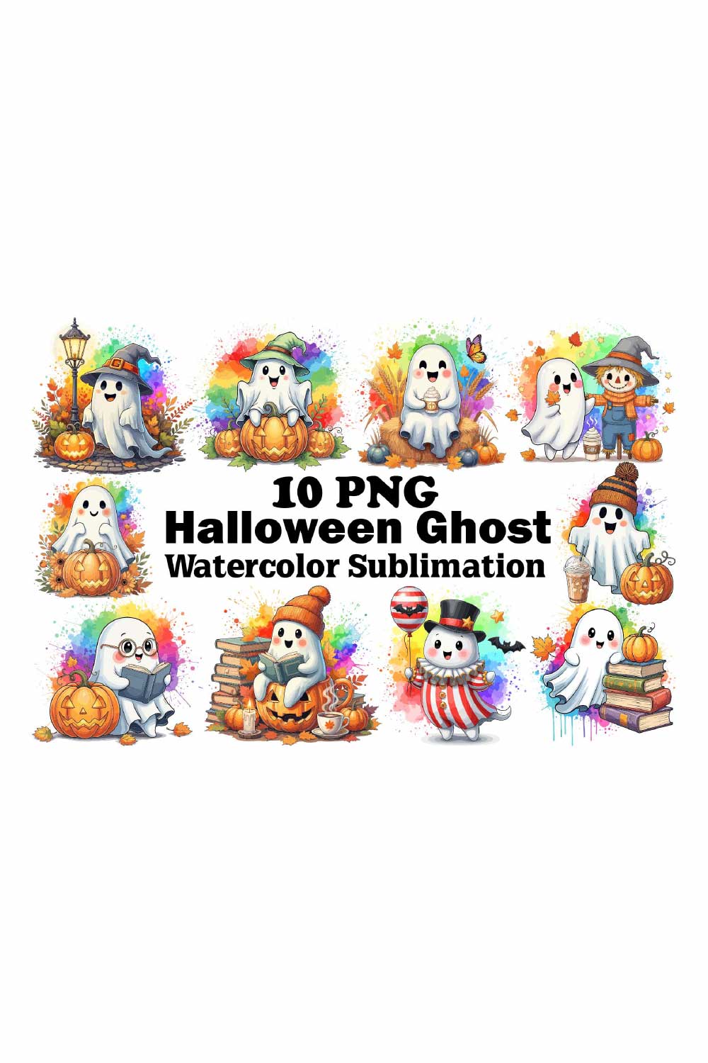 Ghost Watercolor Sublimation PNG Bundle pinterest preview image.