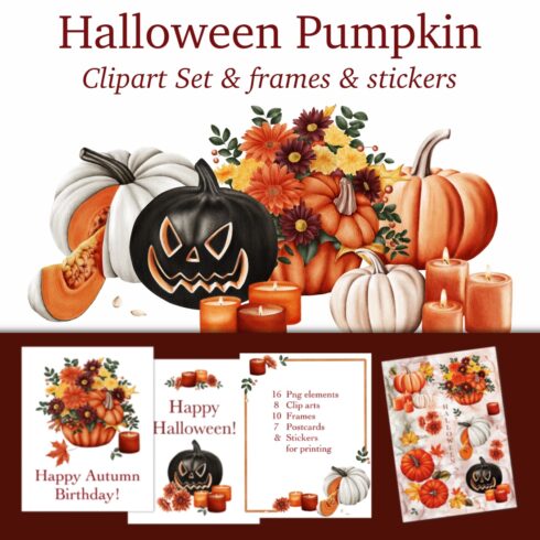 Halloween Pumpkin Clip Art & frames & postcards & stickers cover image.