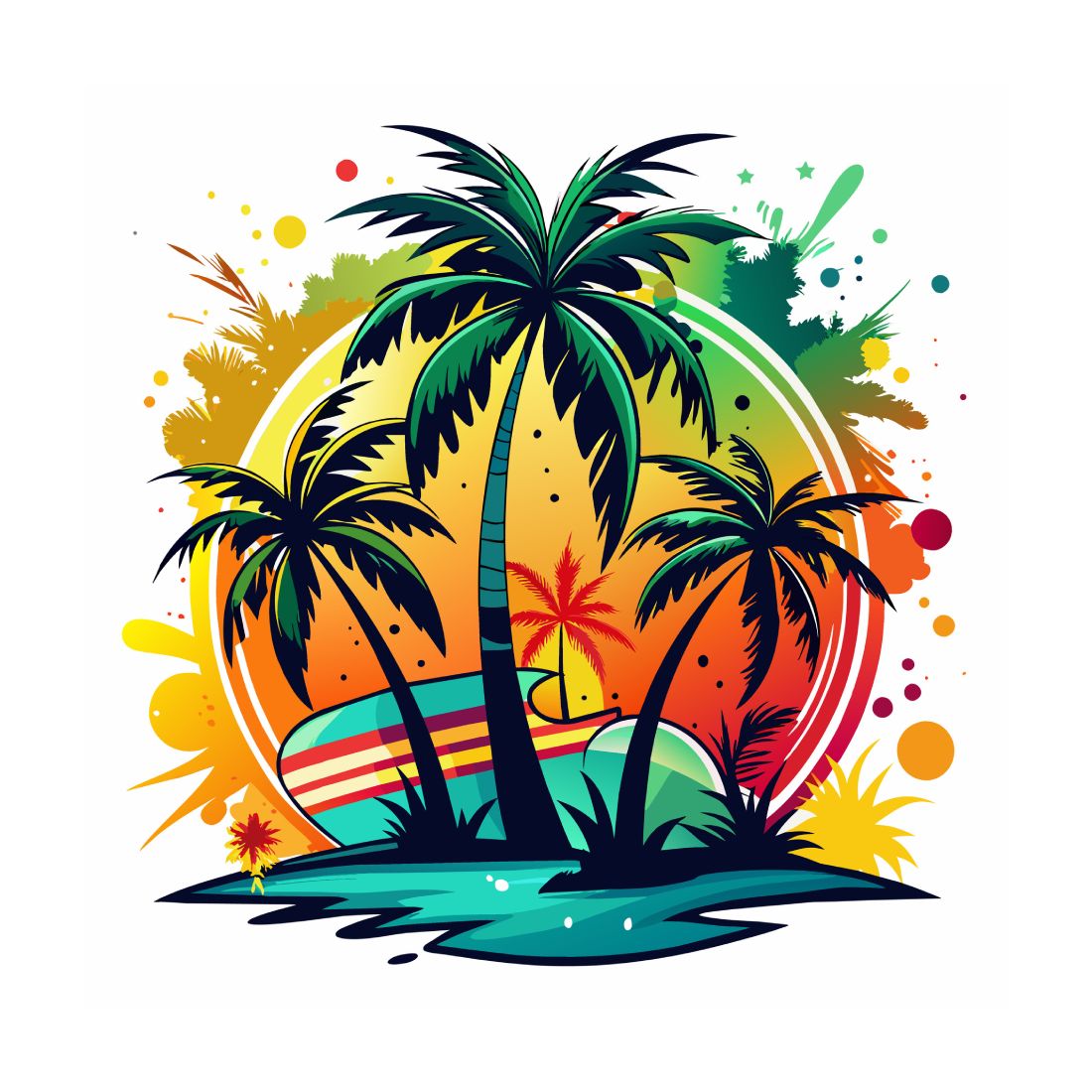 Summer design with palm trees on color splash sticker concept on white background,print design on T-shirt Design preview image.