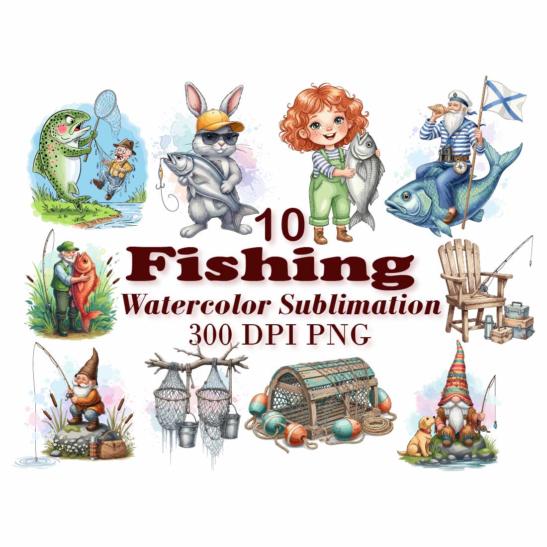 Cute Fishing Watercolor Sublimation cover image.