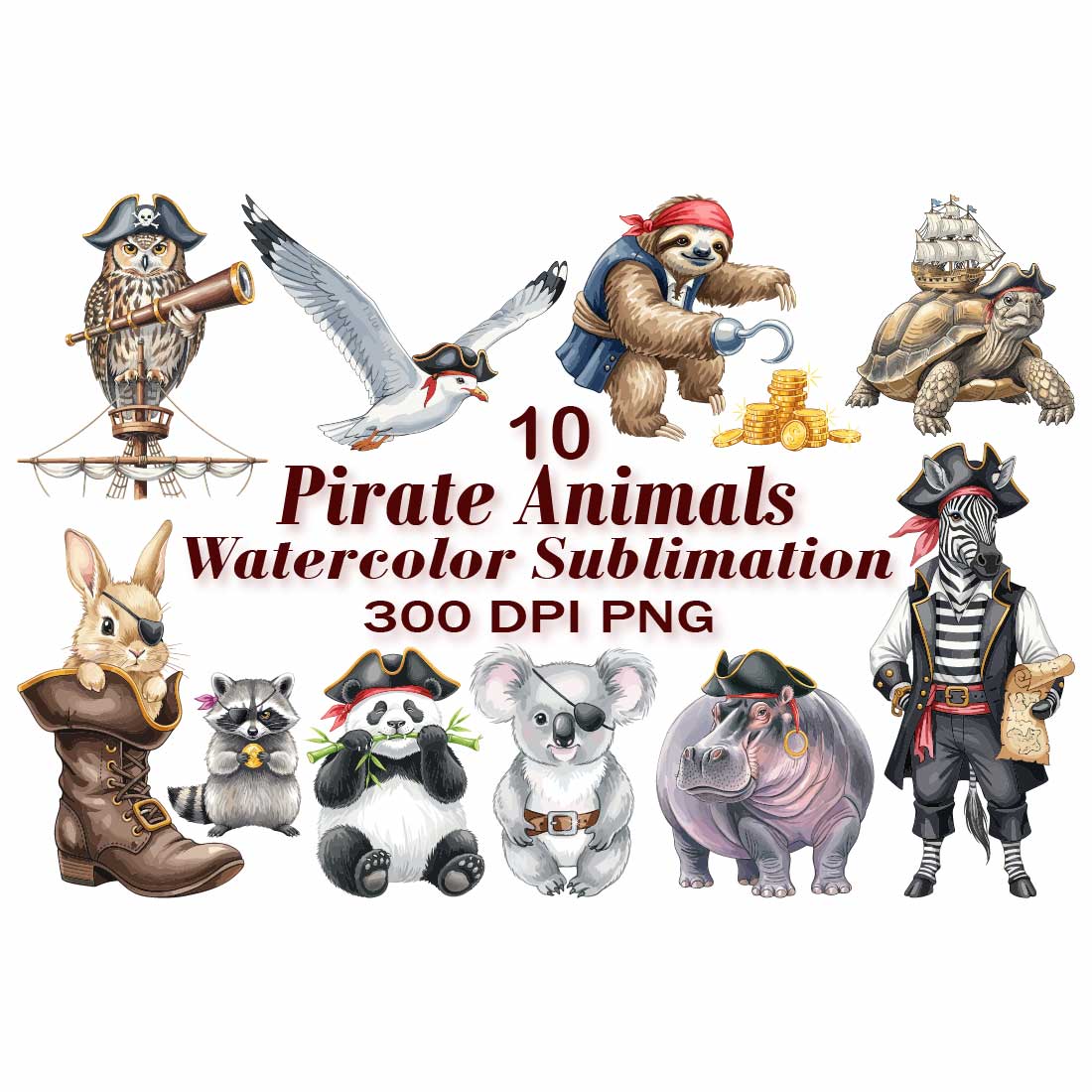 Pirate Animals Sublimation PNG preview image.