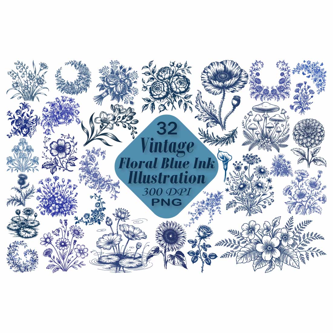 Vintage Floral Blue Ink Illustration preview image.