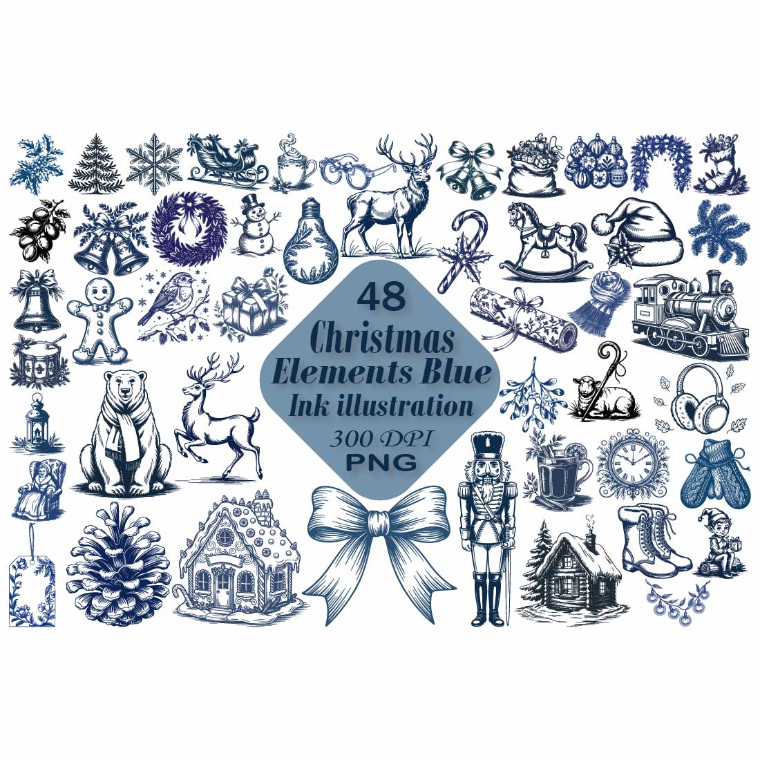 Blue Ink Christmas Elements Clipart cover image.