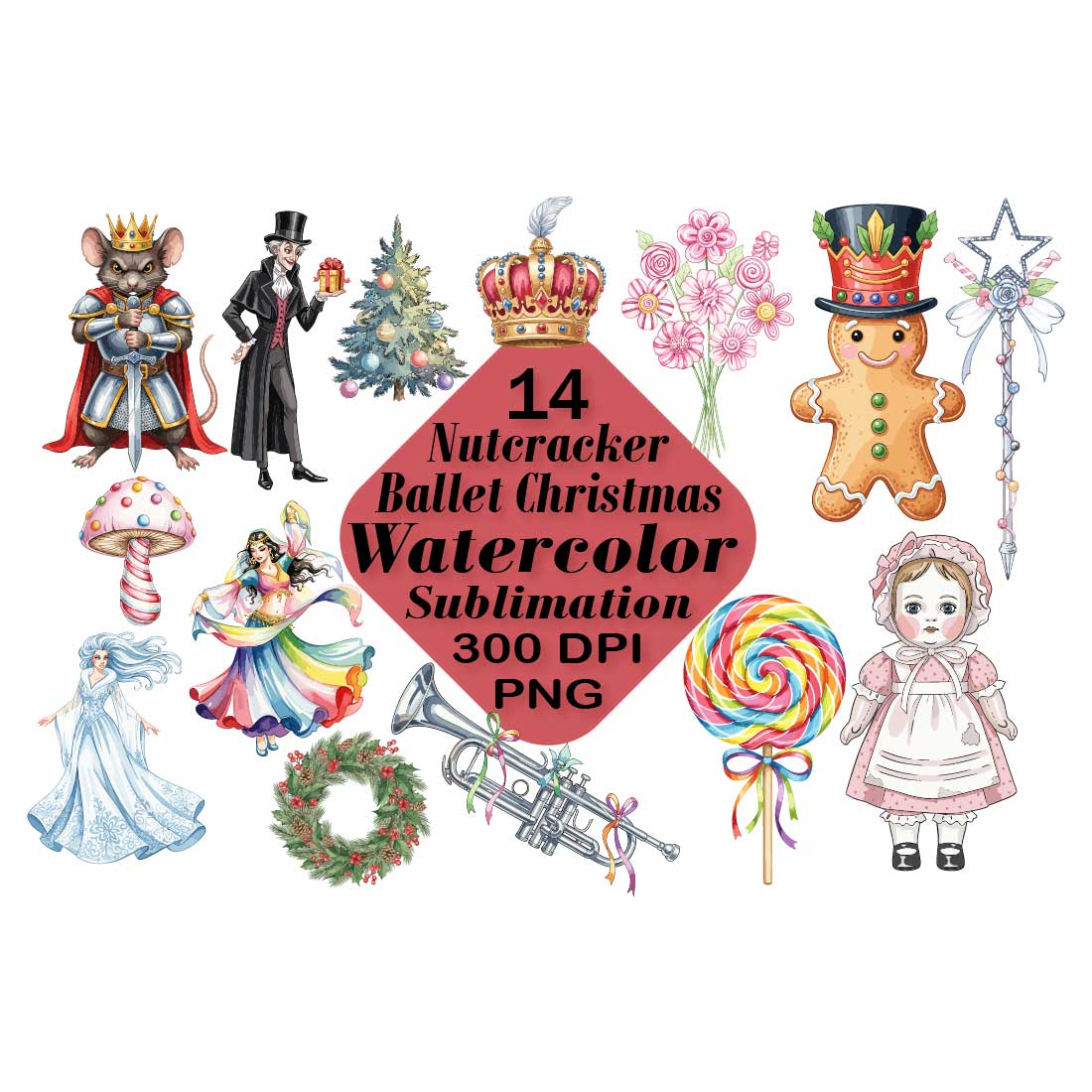 Nutcracker Ballet Christmas Watercolor Sublimation preview image.