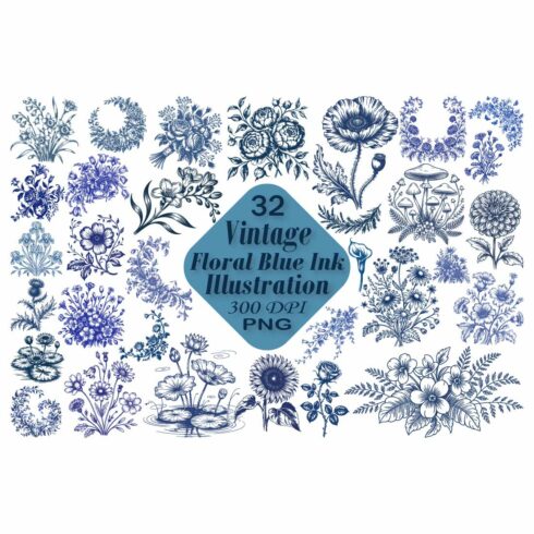 Vintage Floral Blue Ink Illustration cover image.