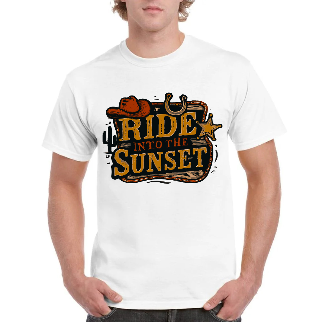 Ride Into The Sunset Western Cowboy Hat T-Shirt cover image.