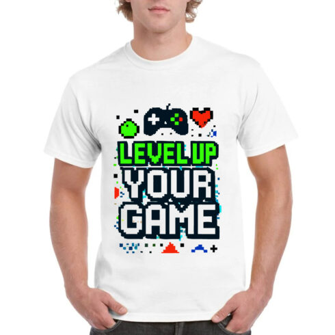 Level Up Your Game Pixel Gaming T-Shirt Design cover image.