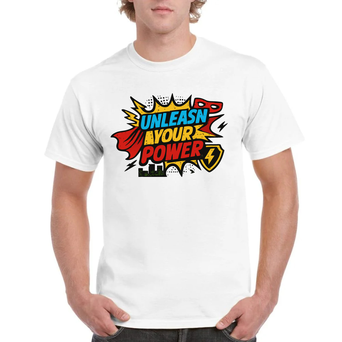 Unleash Your Power Comic Book Superhero T-Shirt cover image.