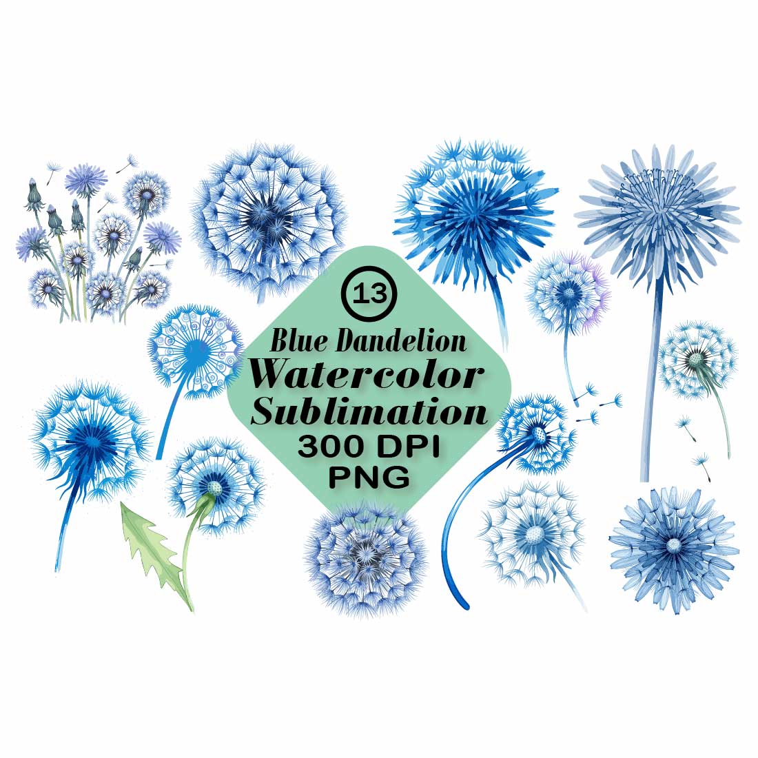 Blue Dandelion Watercolor PNG Set preview image.