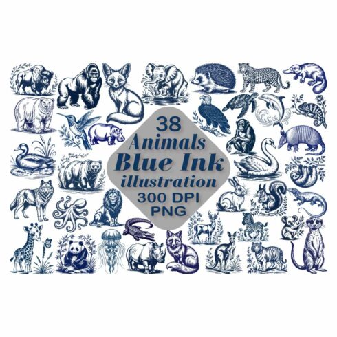 Animals Blue Ink Illustrations PNG cover image.