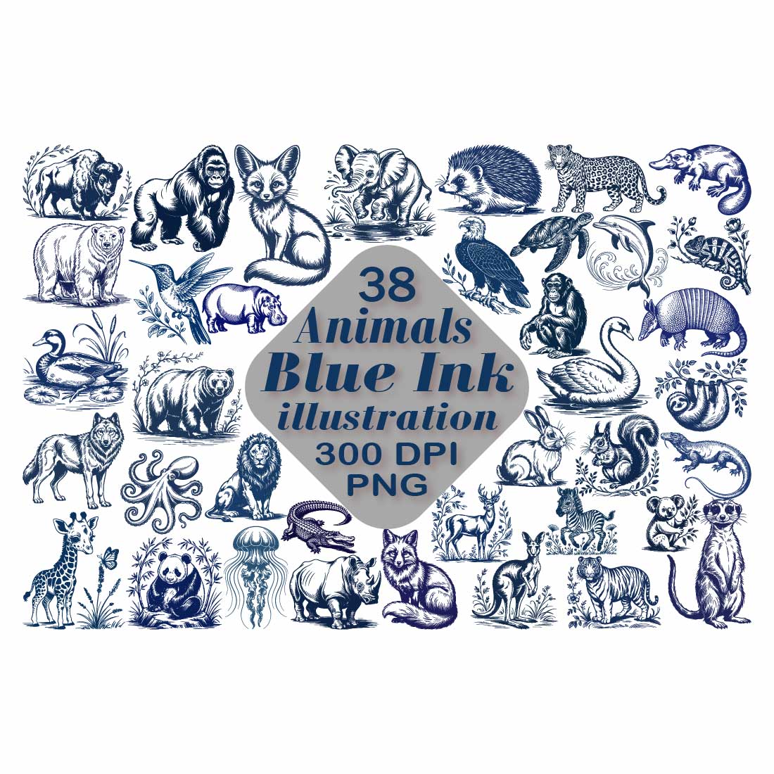 Animals Blue Ink Illustrations PNG cover image.