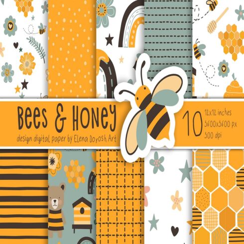 Bees, Honey Cartoon Digital Paper Pack Kids Scrapbook Paper cover image.