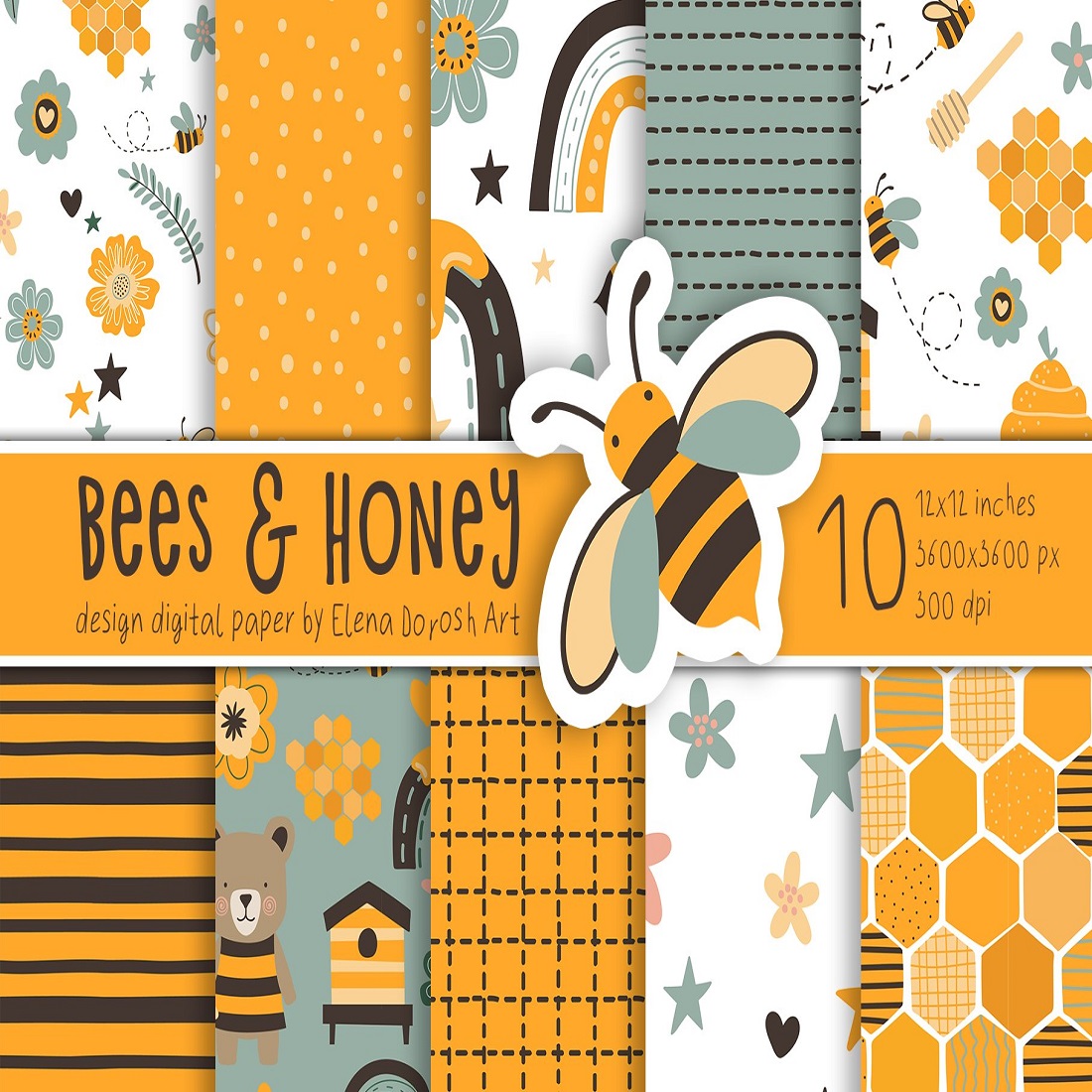 10 bees honey cartoon digital paper pack kids scrapbook paper 628