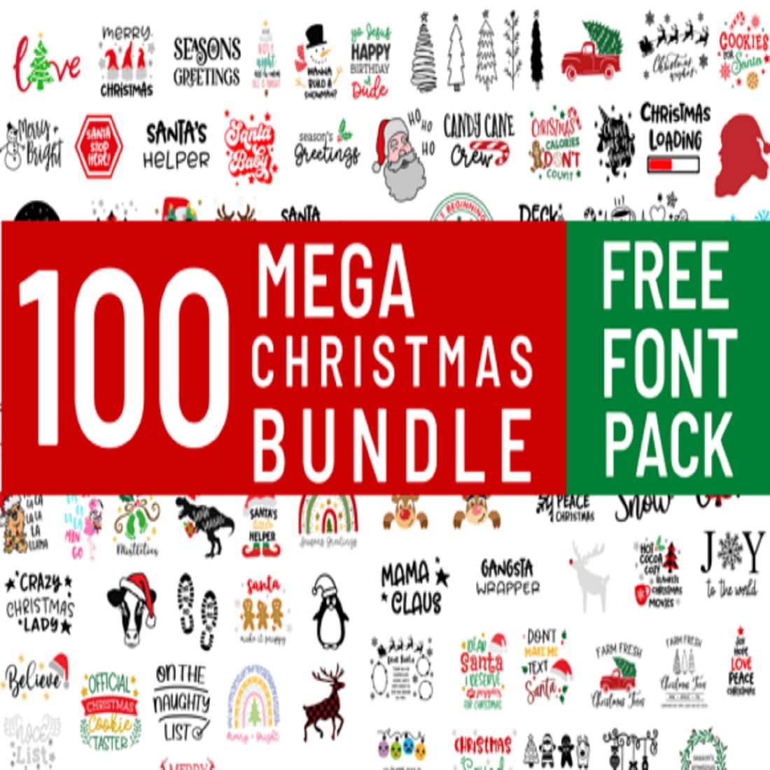 100 Mega Christmas Bundle with Free Font cover image.