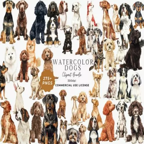 Classic Watercolor Dog Pngs, Watercolor Pet Clipart Bundle, Coquette Dog Sublimation Designs, Digital Download,Pet Pngs, Art Digital cover image.
