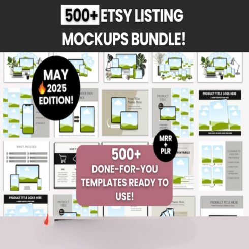 500+Etsy Listing Mockup Bundle with Master and Private Label Rights, Digital Product Mockups to rebrand&resell, DFY Etsy Canva Templates MRR digital cover image.