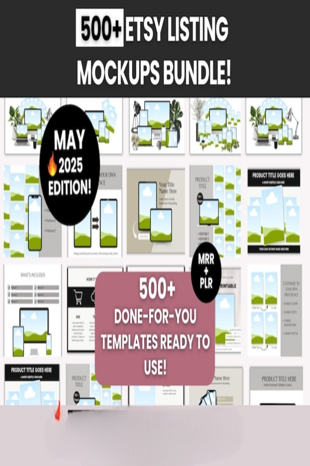 500+Etsy Listing Mockup Bundle with Master and Private Label Rights, Digital Product Mockups to rebrand&resell, DFY Etsy Canva Templates MRR digital pinterest preview image.
