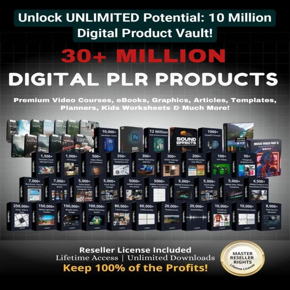 30+ Million Resell Digital Products Bundle Ideal for Passive Income, Featuring Private Label Rights & Master Resell Rights MRR, PLR Digital preview image.