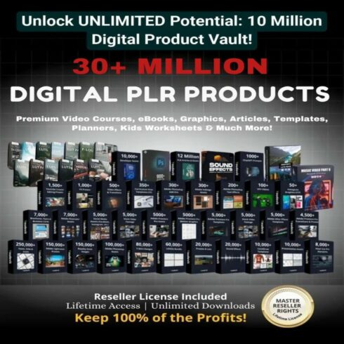 30+ Million Resell Digital Products Bundle Ideal for Passive Income, Featuring Private Label Rights & Master Resell Rights MRR, PLR Digital cover image.