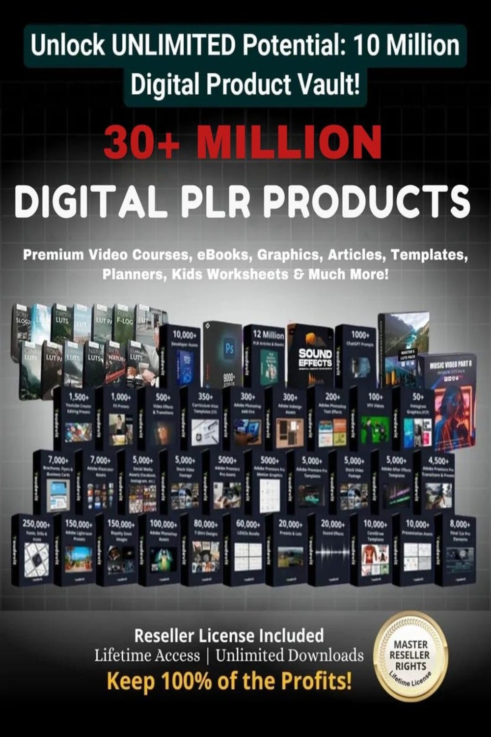 30+ Million Resell Digital Products Bundle Ideal for Passive Income, Featuring Private Label Rights & Master Resell Rights MRR, PLR Digital pinterest preview image.