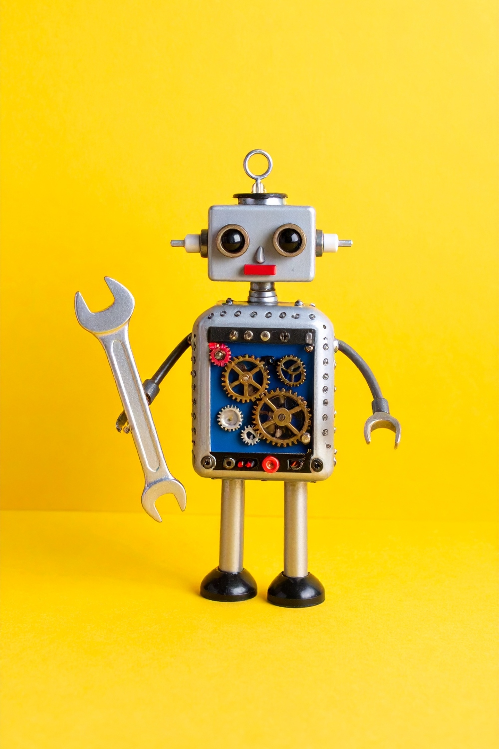 Creative Robot Toy Design with Metal Funnel, Cogs, and Gears – Silver Metallic Style pinterest preview image.