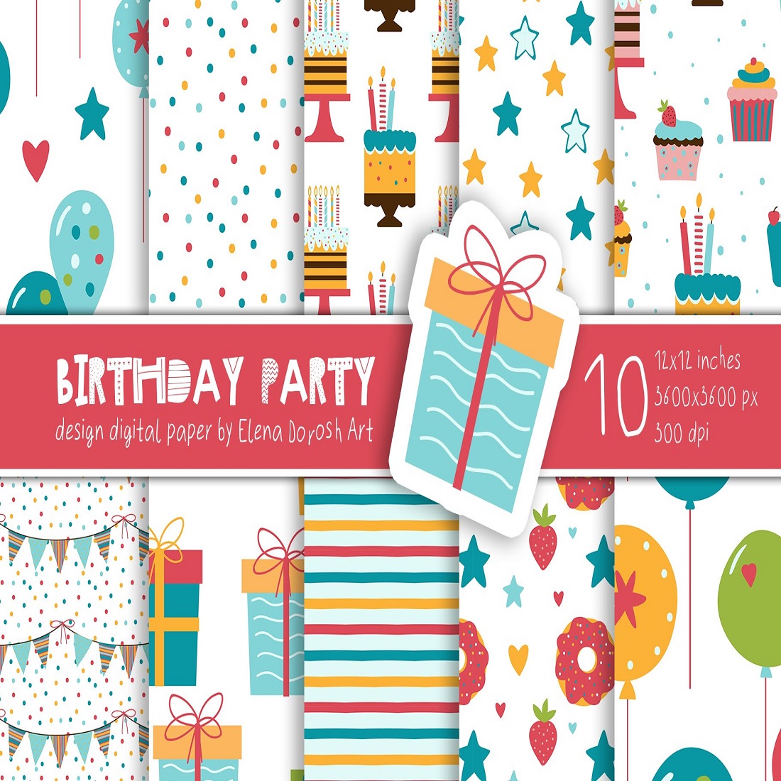 Birthday Party Digital Paper Kids Scrapbook Paper pattern cover image.