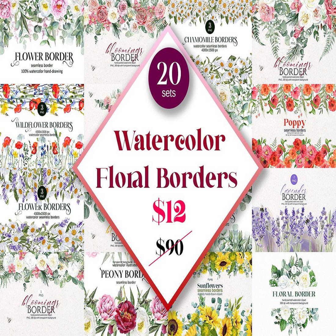 12 watercolor floral seamless border bundle 742