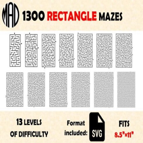 1300 Rectangle Mazes and Solutions SVG cover image.