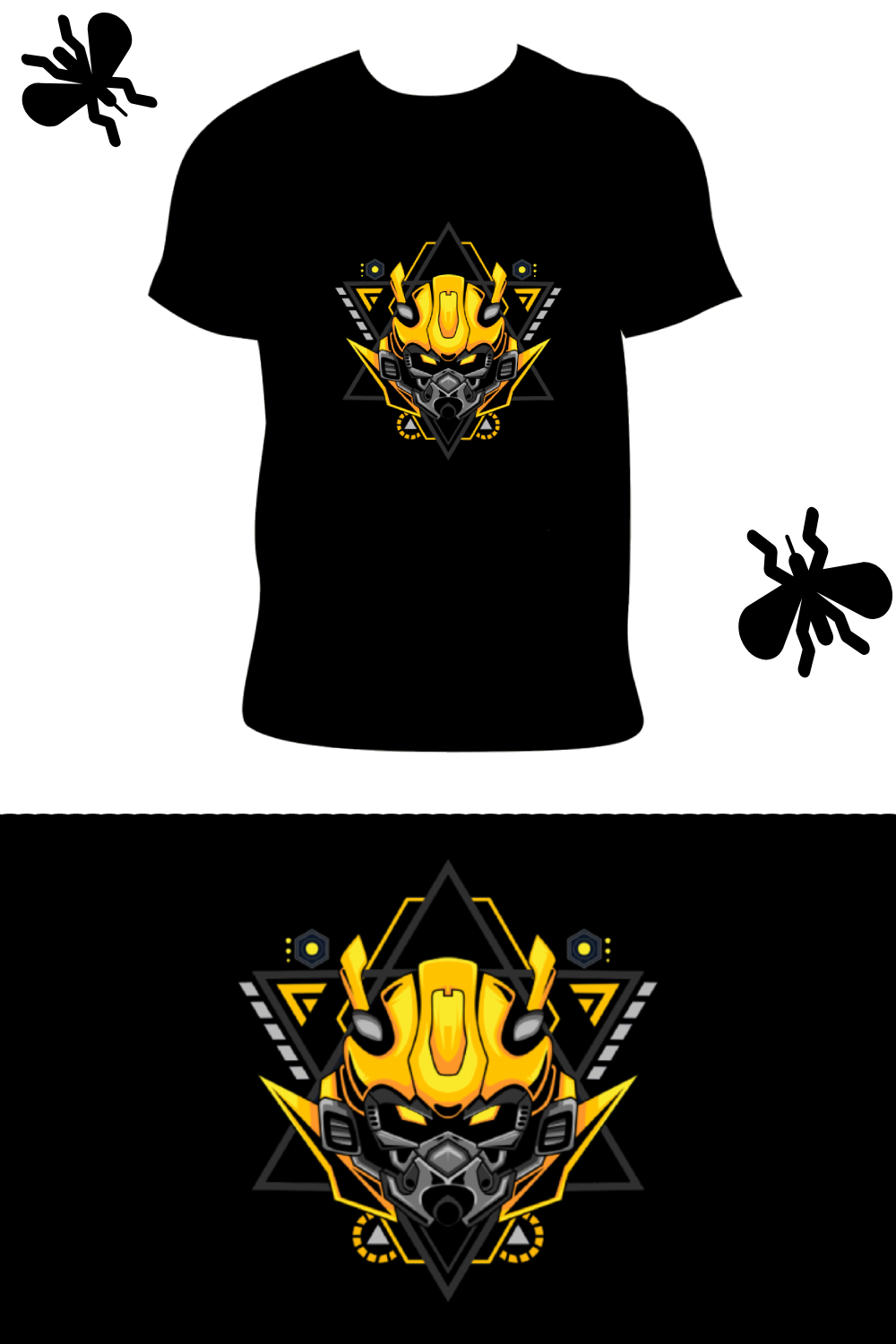 Illustration vector graphic of cyborg robot knight in the sacred geometry ornaments background, Perfect for T-Shirt Design pinterest preview image.