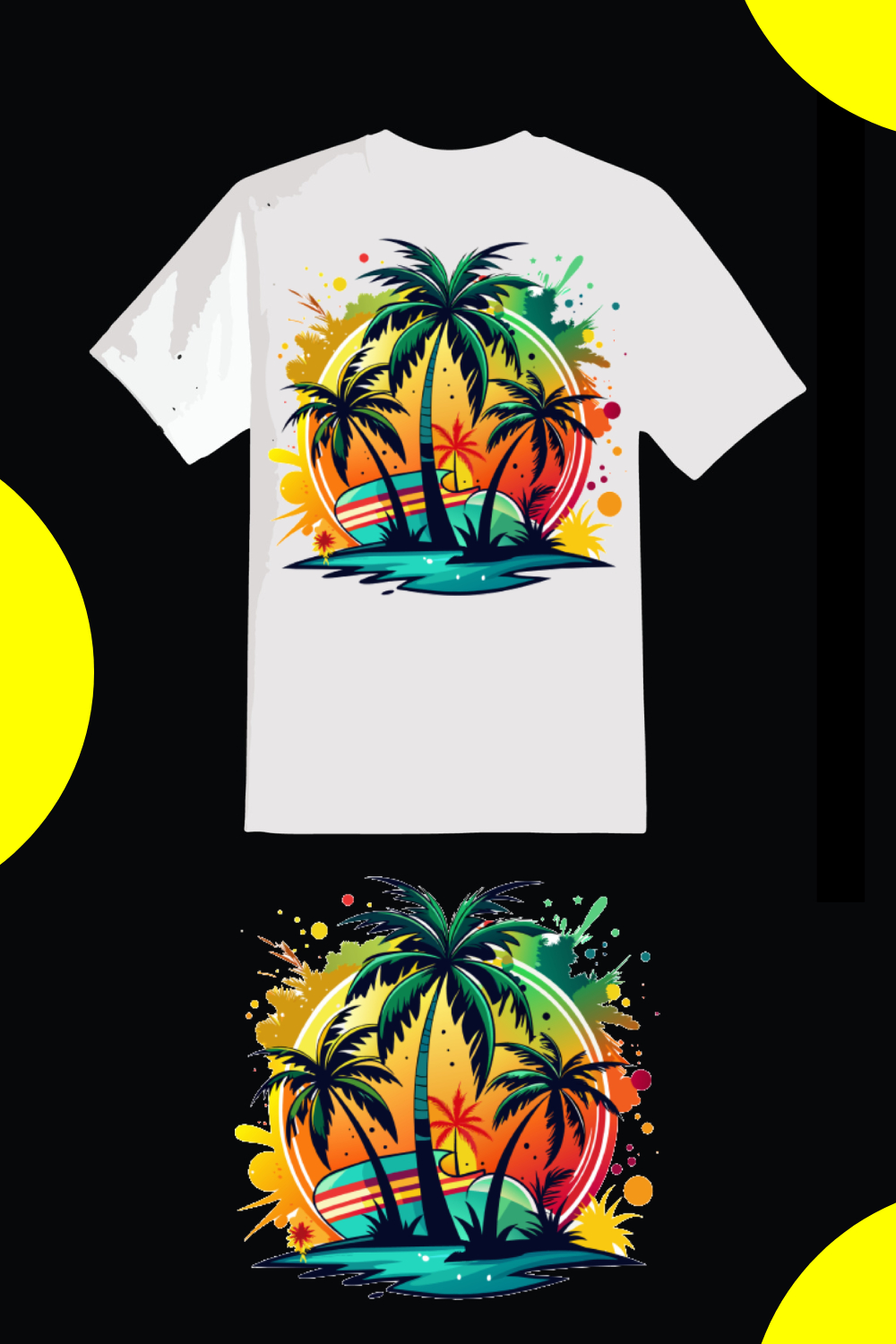 Summer design with palm trees on color splash sticker concept on white background,print design on T-shirt Design pinterest preview image.